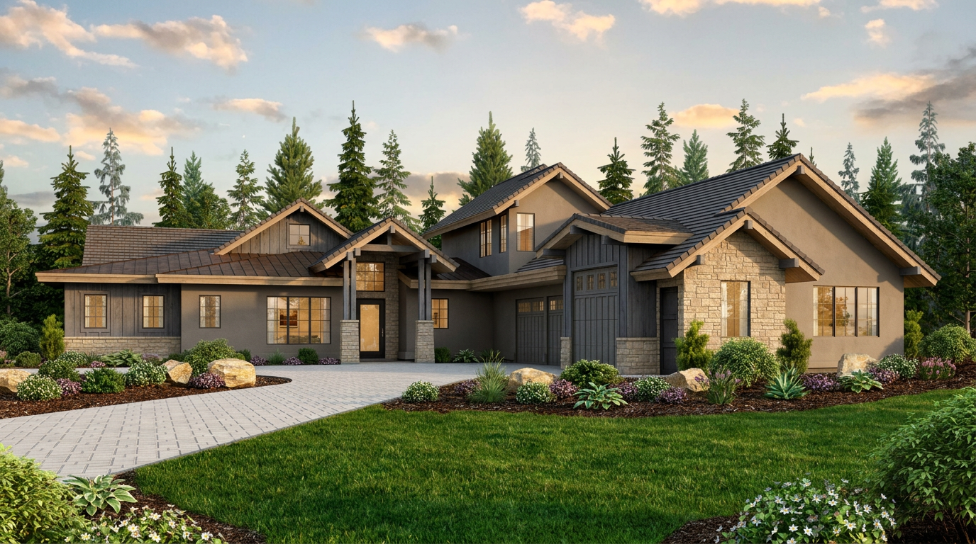 Residence I at Montreux — Single-level mountain modern living with vaulted beam ceilings and an oversized great room opening to the pines.