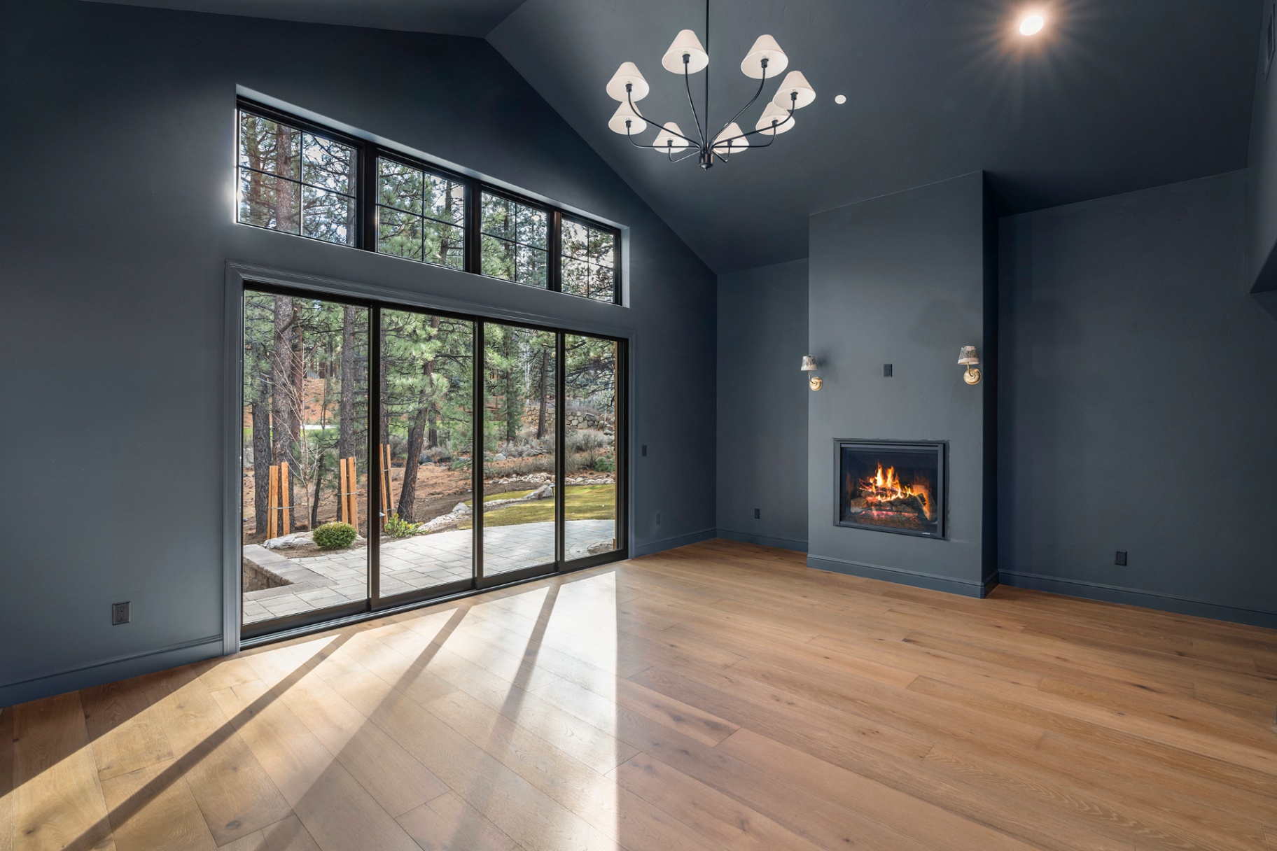Vaulted study in deep teal with fireplace and forest views
