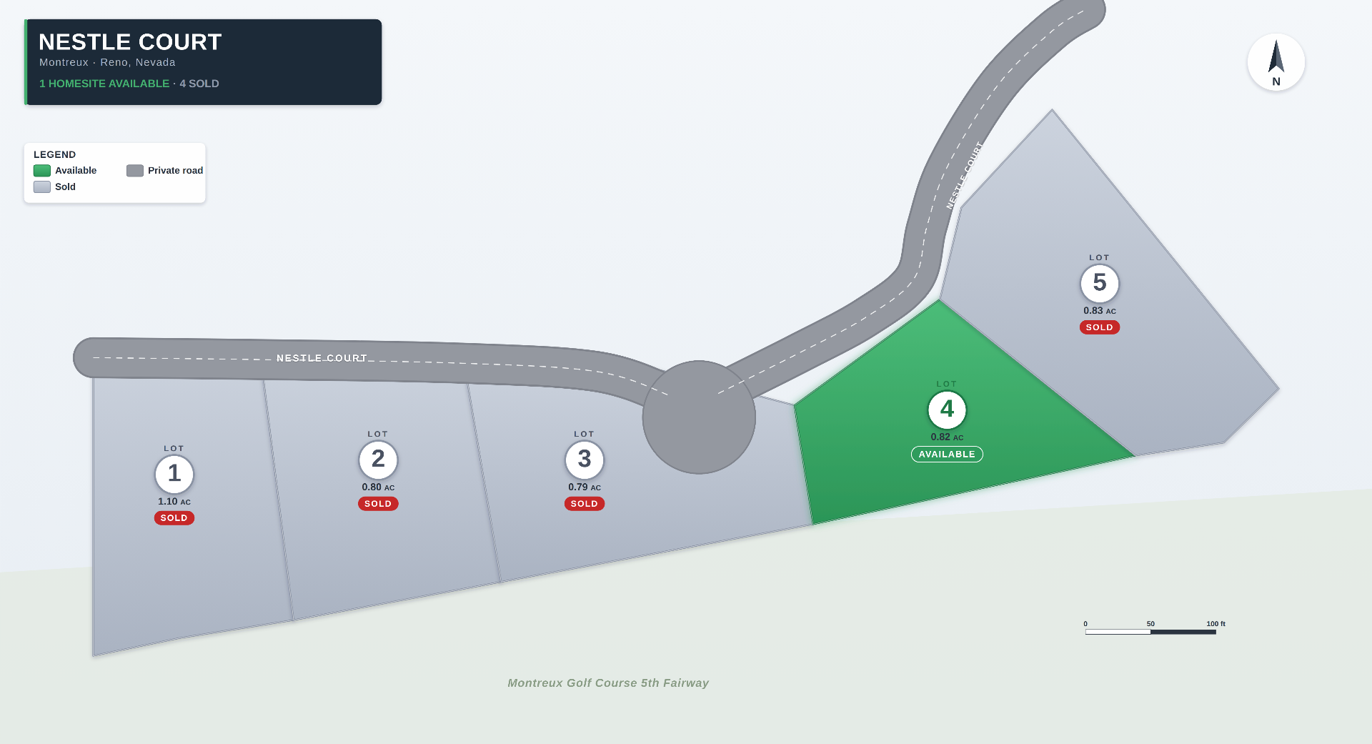 Nestle Court site plan showing lots 1, 2, 3 and 5 sold, lot 4 available, along the 5th fairway of Montreux Golf Club